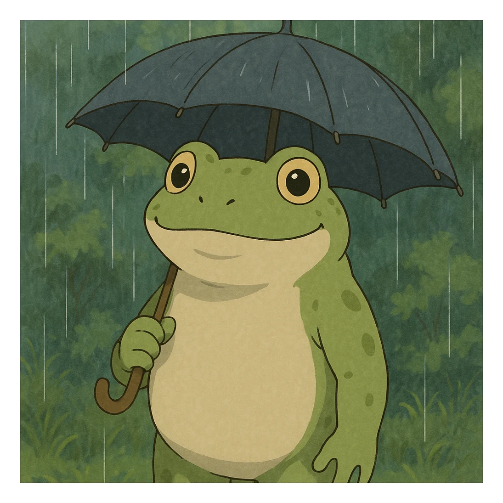 friendly frog holding an umbrella, ghibli style sticker