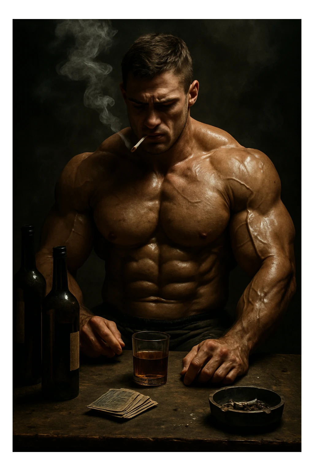 vertical realistic scene of a muscular bodybuilder surrounded by vices such as smoke, alcohol, and other harmful behaviors, dramatic atmosphere, natural details, 2:3 aspect ratio sticker