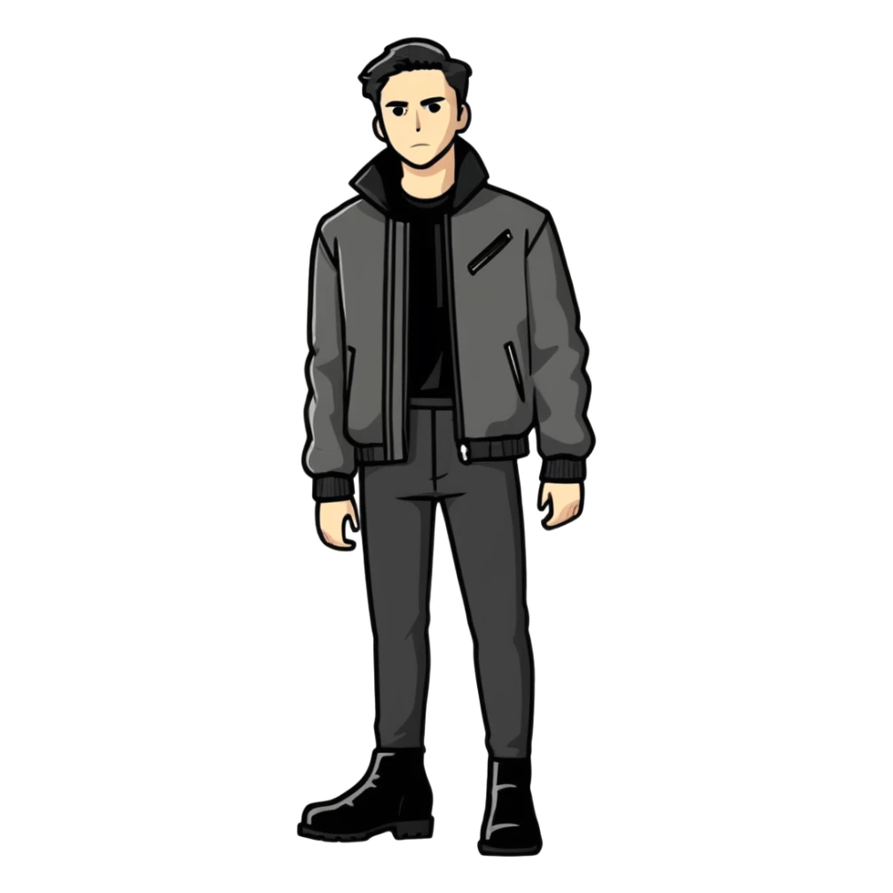 Full body standing male figure wearing black jacket, black pants, and black boots sticker