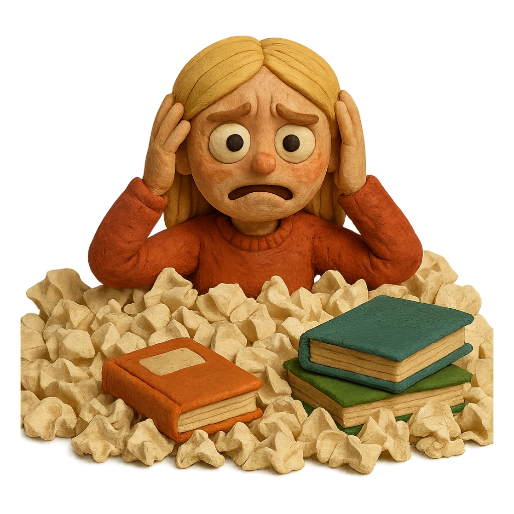 claymation style blonde straight-haired girl in survival mode, surrounded by crumpled papers and books, last month of school sticker