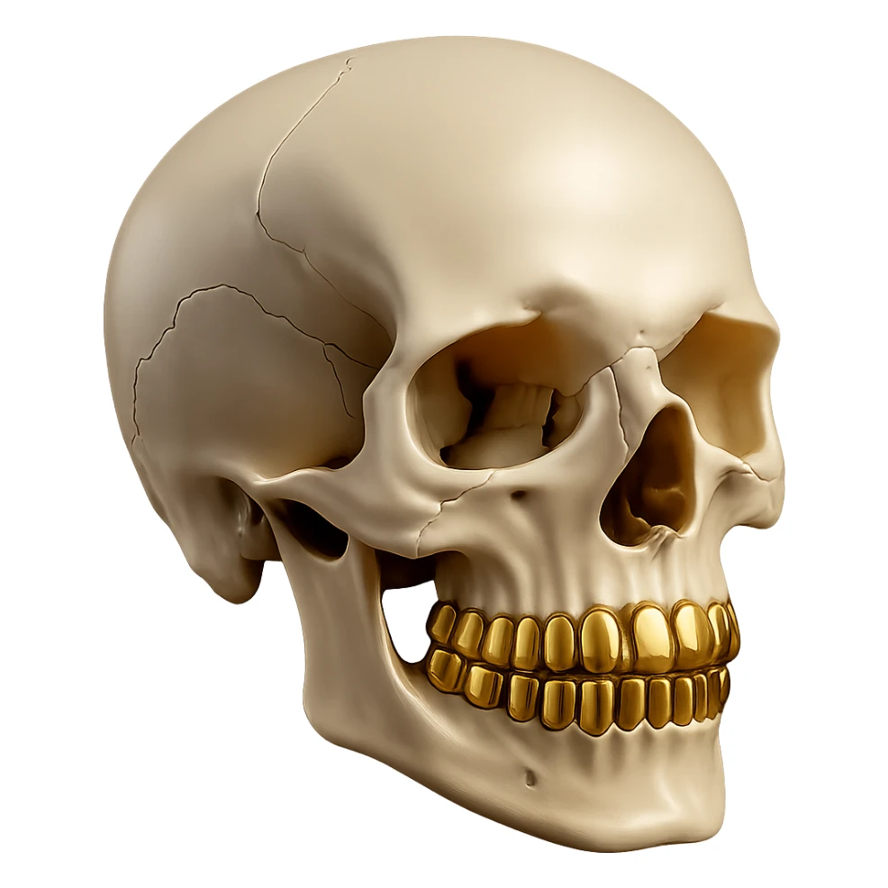 Add gold teeth to the 3d realistic skull, keep the white bone and dramatic lighting, with no background. sticker