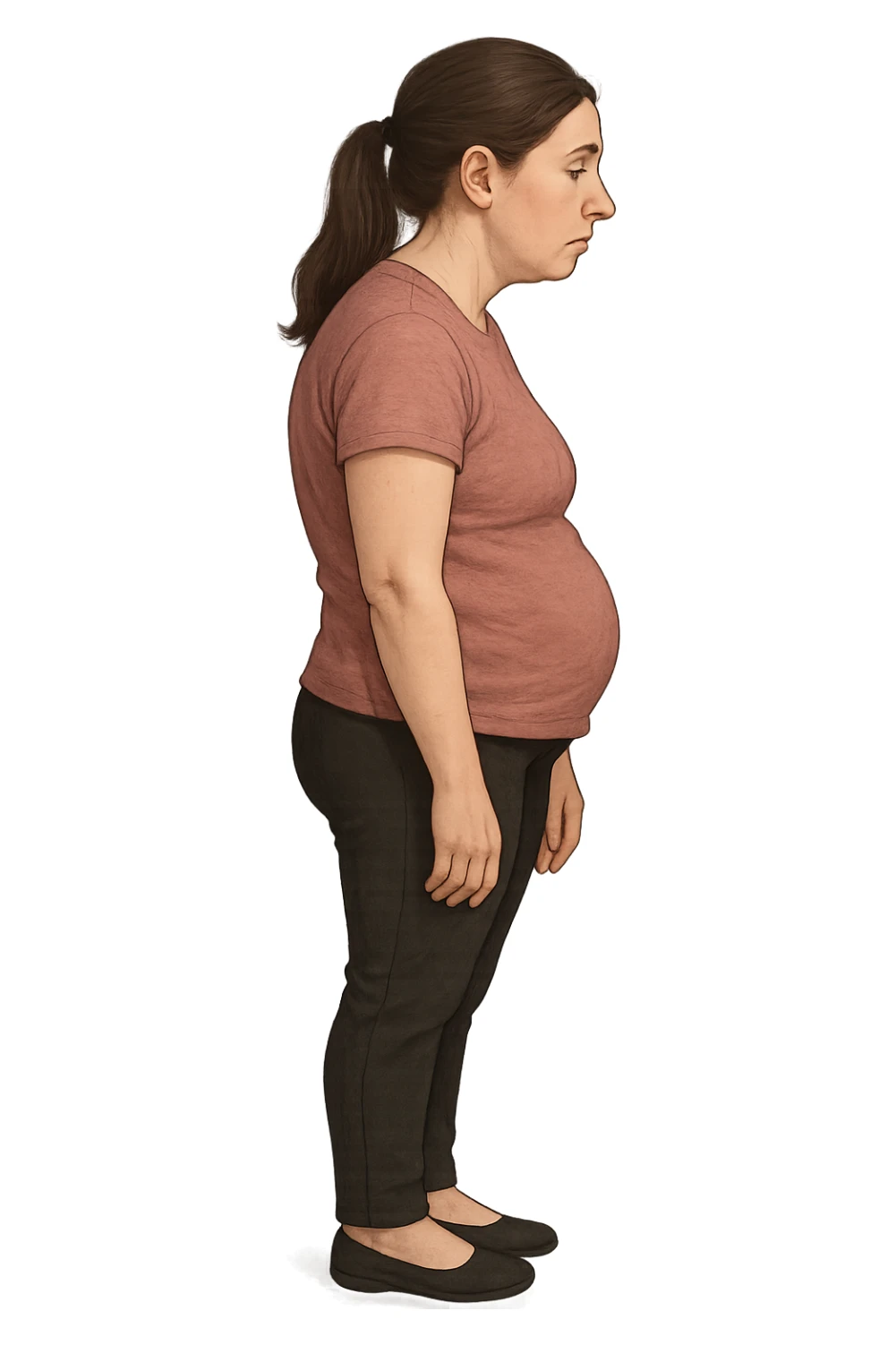 DONNA DI PROFILO CON LA POSTURA SBAGLIATA, LA PANCIA IN FUORI E LE SPALLE CHIUSE sticker