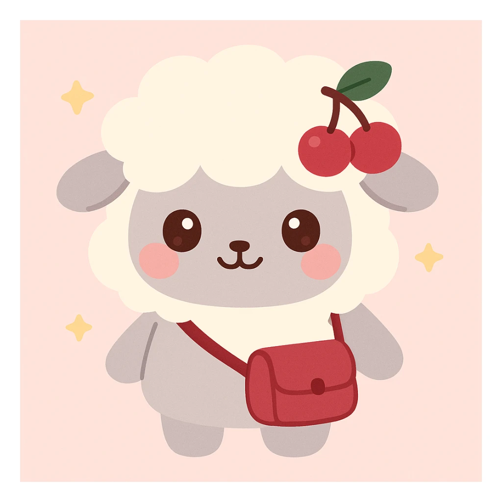 kawaii sheep with creamy white wool, pastel gray body, cherry pink blush, dark brown eyes with highlights, cherry hair clip deep cherry red green leaf, cherry red satchel accessory sticker