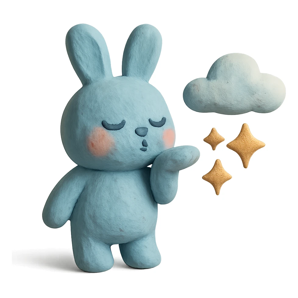 pastel blue bunny with cloud, blowing a kiss with sparkles, claymation style sticker