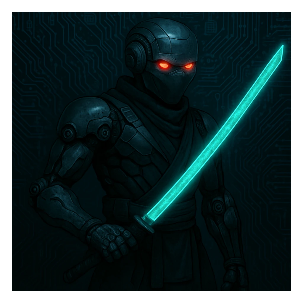 Add a glowing digital sword to the cyber ninja, keeping the original style and background intact. The style is cyber ninja with a digital, futuristic look, so the sword should have a glowing, high-tech digital effect that fits seamlessly with the cyber ninja theme. sticker