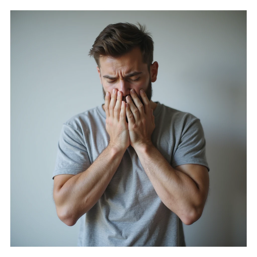 realistic 30-year-old man in anxiety crisis, hands covering face, short breath, panicked expression, light background sticker