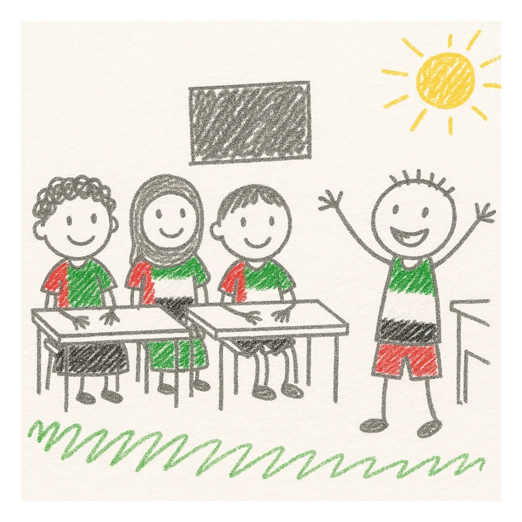 group of diverse children in a classroom, one child enthusiastically participating, all wearing elements inspired by the UAE flag colors, playful and kid-friendly illustration sticker