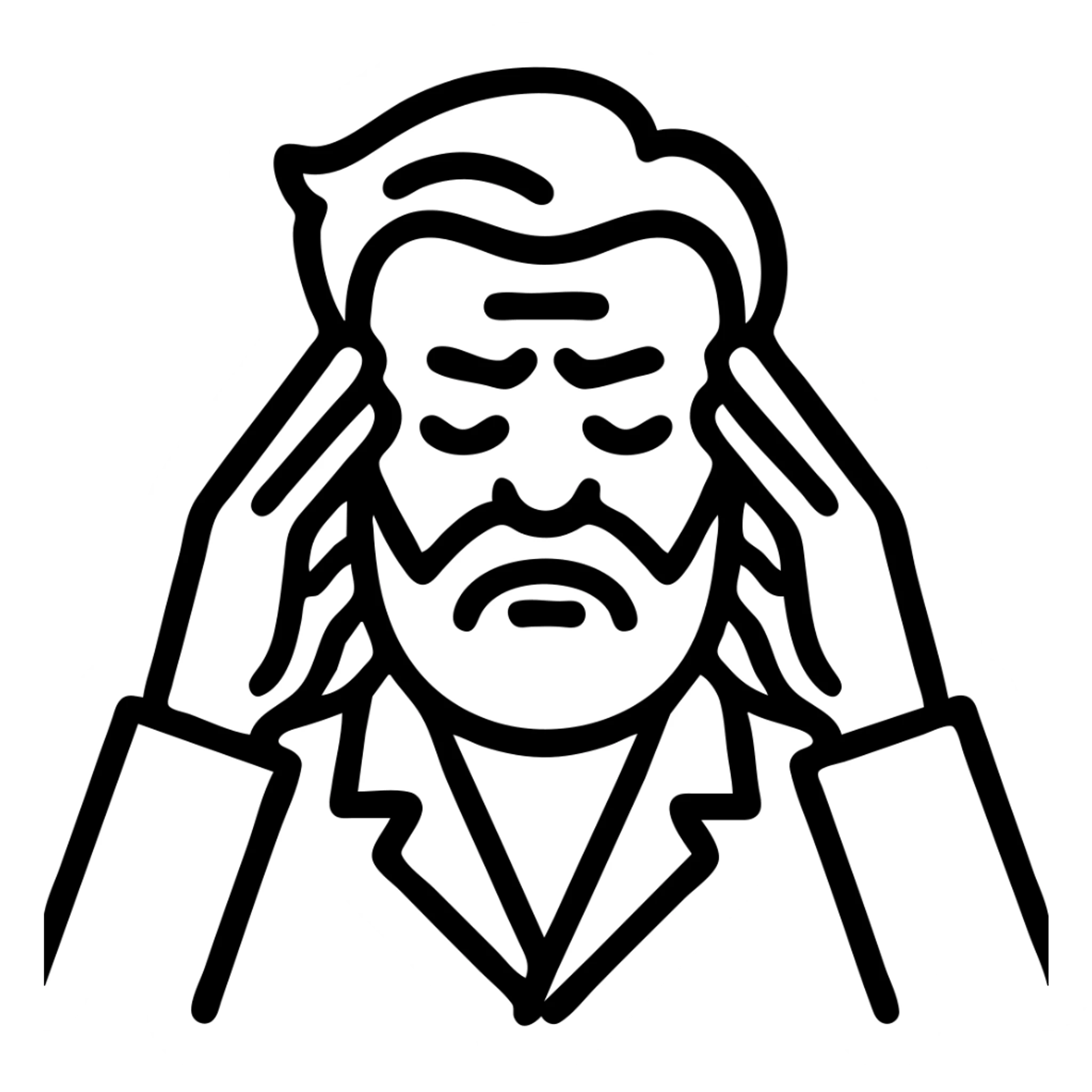 Make the agitated bearded man look older with wrinkles and gray hair. Keep eyes closed and massaging temples. Remove background. sticker