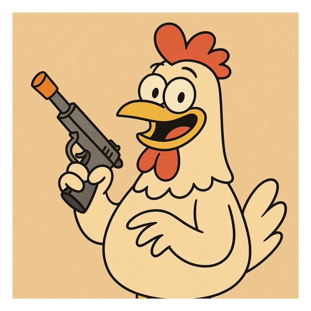 cartoon chicken holding a prop gun with an orange tip, silly and lighthearted, vibrant colors sticker