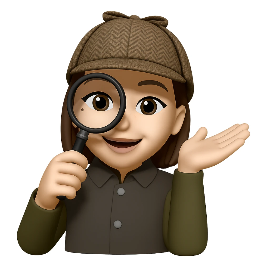 Make the character look like a detective creating a design system. Add a magnifying glass in her hand and a detective hat. Keep the same style as the reference image. Transparent background. sticker
