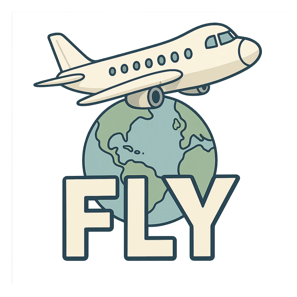 airplane flying over globe with FLY in bold letters, flat toon style sticker