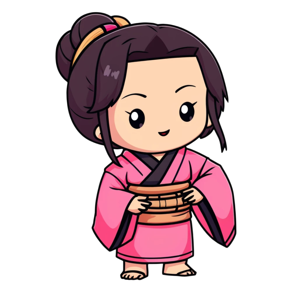 chibi Nezuko with pink kimono and bamboo muzzle in her mouth sticker