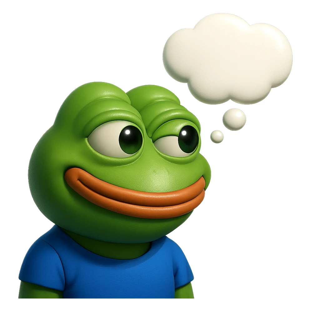 make a pepe in bright green smiling with thought bubble looking at right side in 3d style, good highlights and shadows, drop shadows sticker