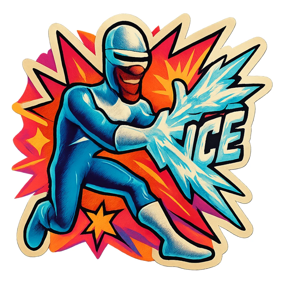 Frozone in retro stickers style, shooting ice from hands, comic book flair, energetic background sticker