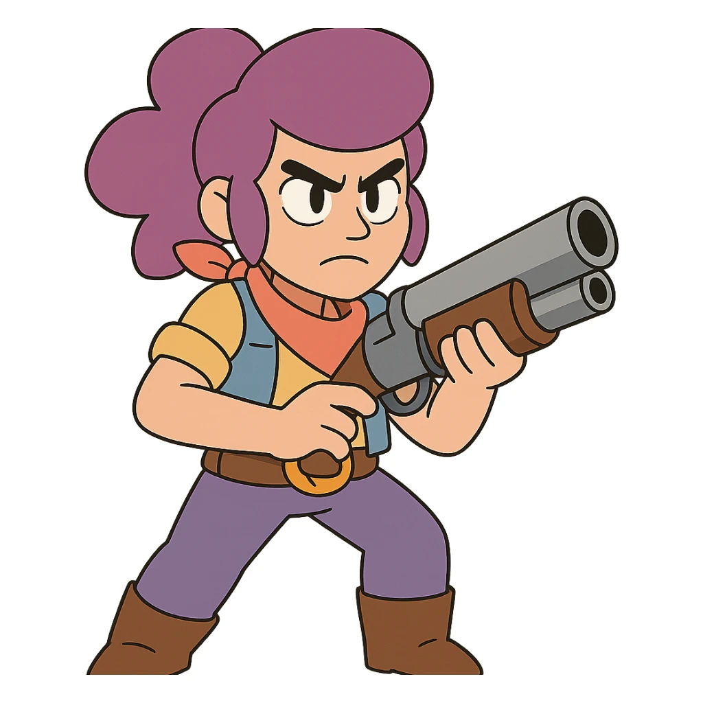 Shelly from Brawl Stars, ready for battle, determined expression, colorful sticker