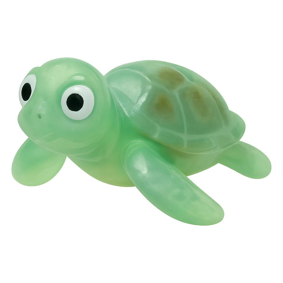 Make the sea turtle even more transparent and slightly see-through, keeping the natural green and brown shell colors, in a retro 90's toy style with derpy eyes, soft plastic texture, soft reflections, soft and squishy appearance, some cloudiness, not shiny, highly detailed and appealing. Remove any tags and background. sticker