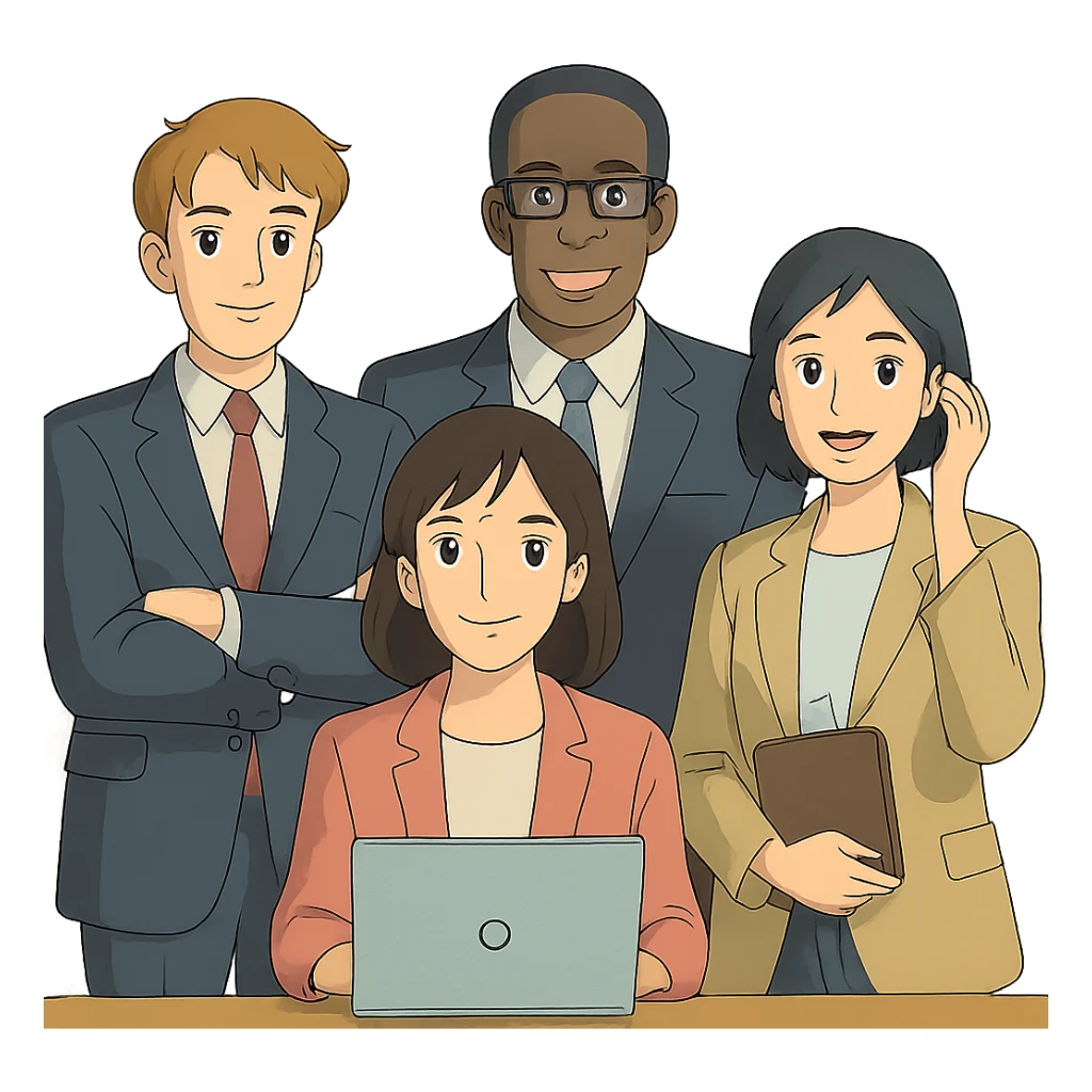 agency team, professional group, modern office, diverse people, clean background, ghibli style sticker