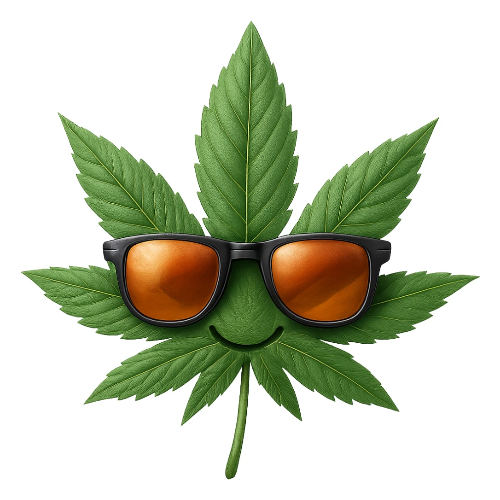 Make this weed leaf with sunglasses look more realistic, keep the sunglasses, and maintain no background. The style should be realistic with natural textures and details on the leaf and sunglasses. sticker