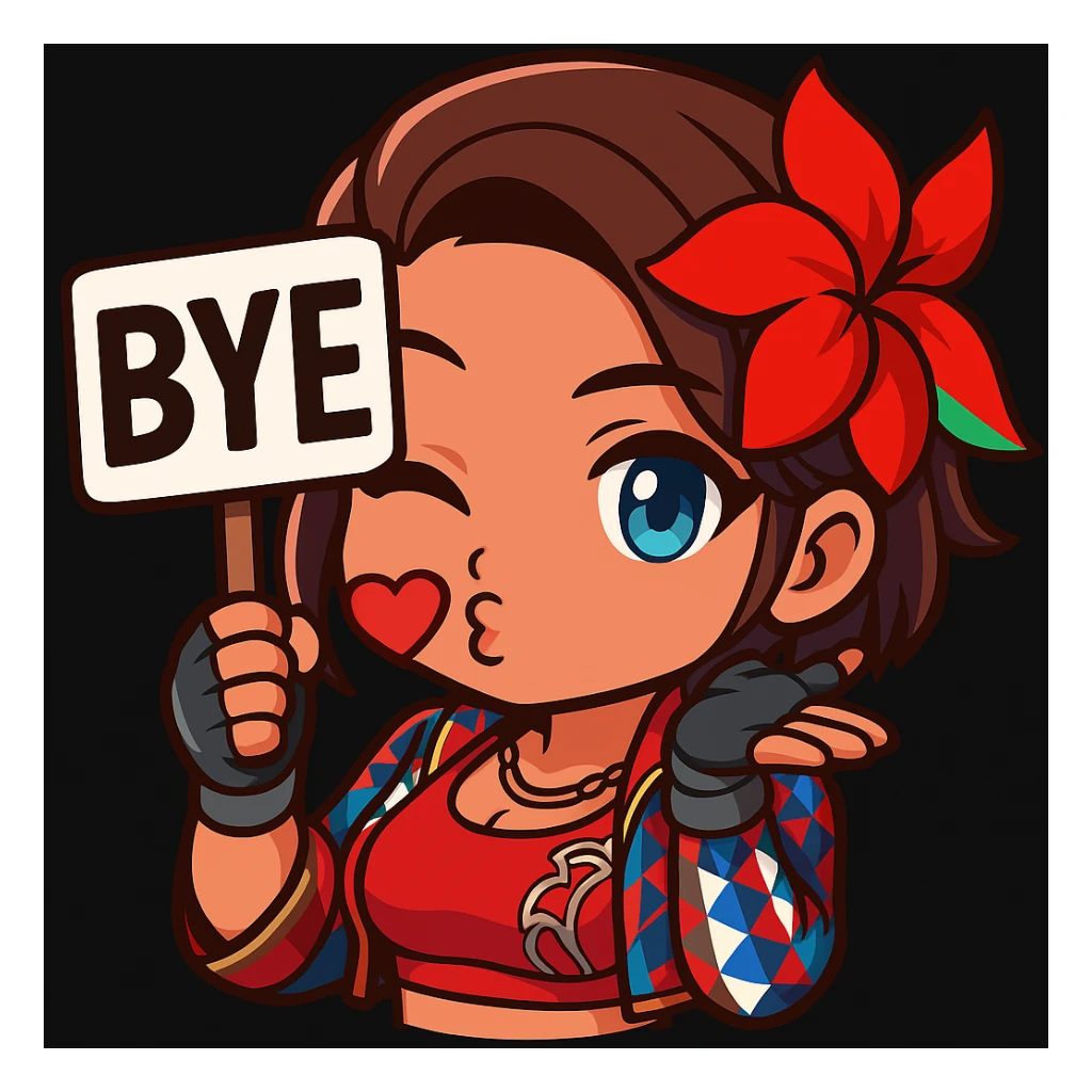 Azucena from Tekken 8 in chibi sticker style, holding a sign that says 'BYE', blowing a kiss, wearing the detailed red and patterned outfit from the reference images, designed for Twitch emote use. sticker