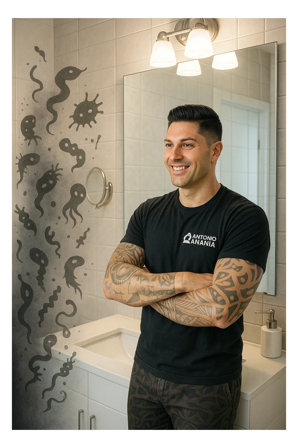 a man stands in a brightly lit bathroom, looking relieved and revitalized as he examines his reflection in the mirror. In the foreground, stylized, shadowy images of parasites (such as worms or protozoa) are shown leaving his body, dissolving into mist or fading away. His posture is upright and his expression is one of newfound energy and health. sticker