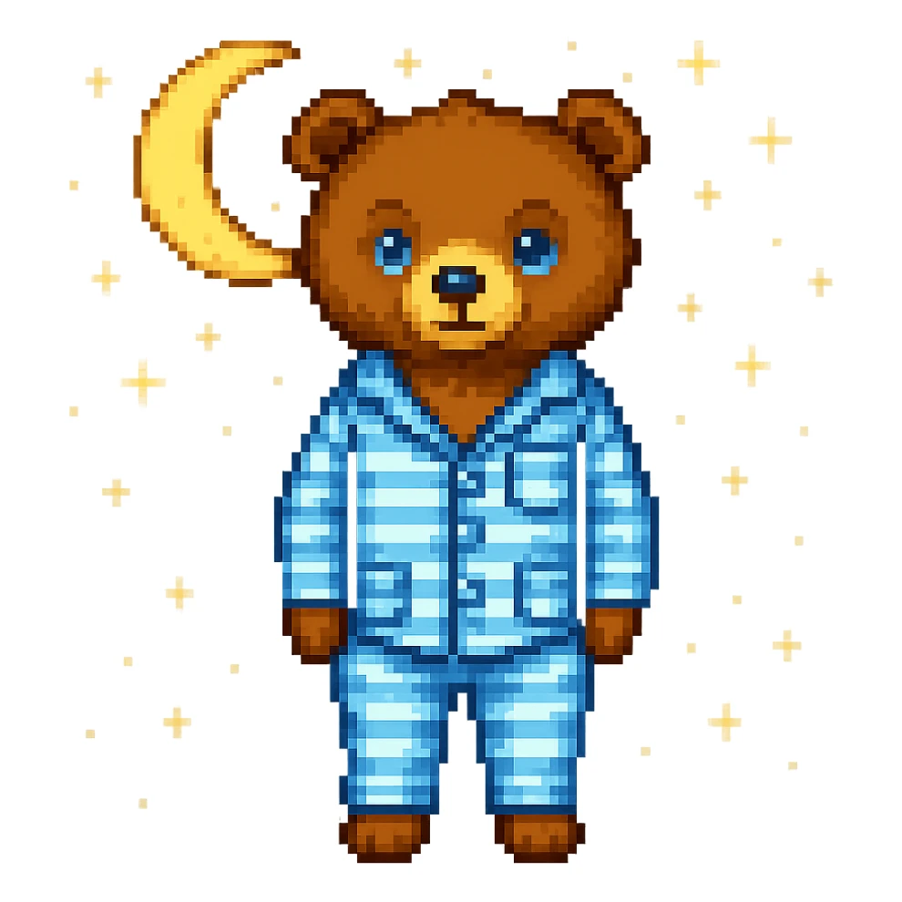 Add a moon and stars in the background, keep pixel art style, with no background except the moon and stars. The style should resemble pixel art. sticker