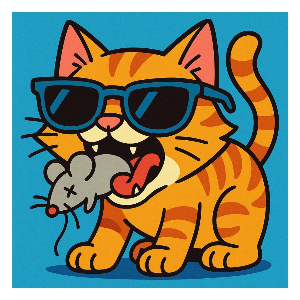cat wearing sunglasses and eating a mouse, vibrant cartoon style sticker