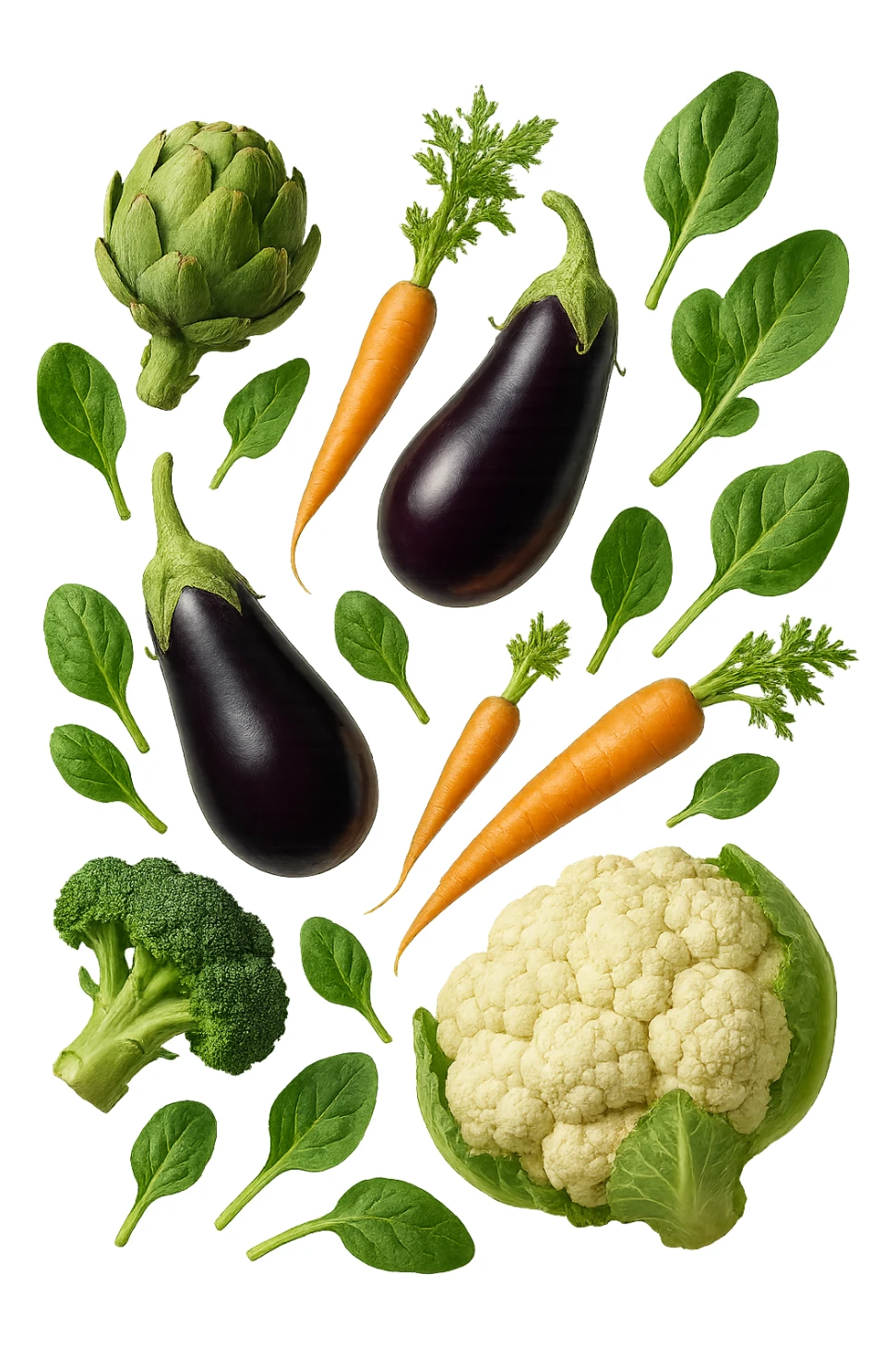 Carciofi, melanzane, carote, spinaci, broccoli, cavolfiore FLUTTUANO IN ARIA, IPERREALISTICO 4K sticker