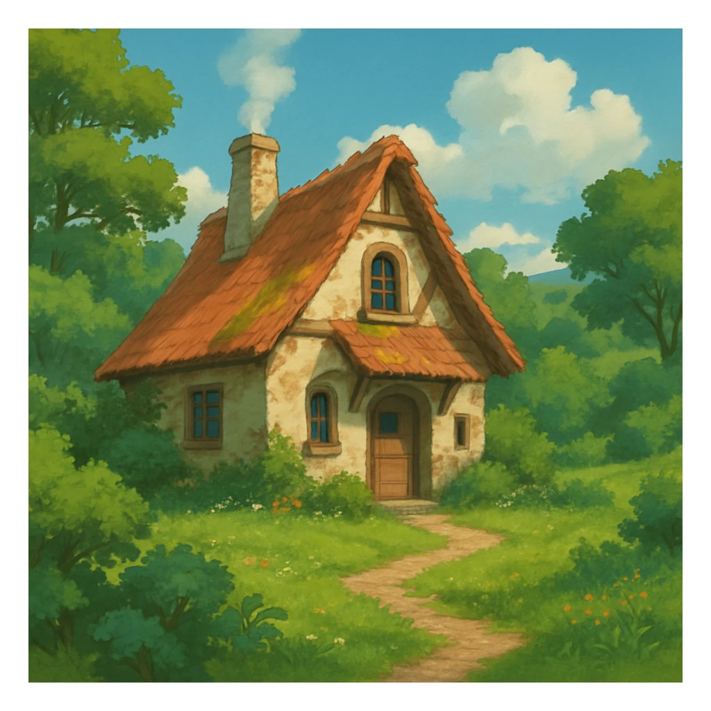 cozy cottage in a lush landscape, ghibli style sticker