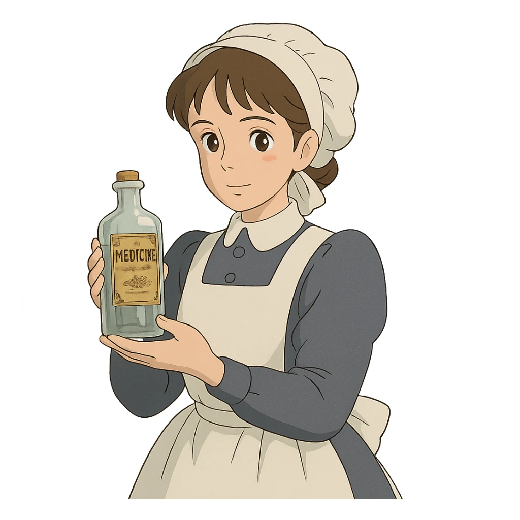 victorian nurse holding a medicine bottle sticker