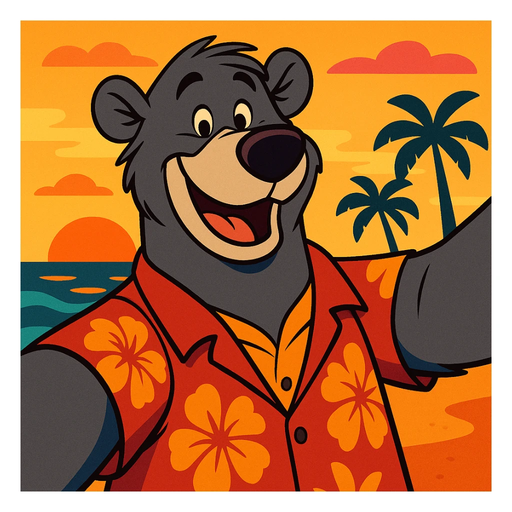 Baloo the bear taking a selfie with a beach sunset, smiling, casual vacation outfit, warm and inviting colors sticker