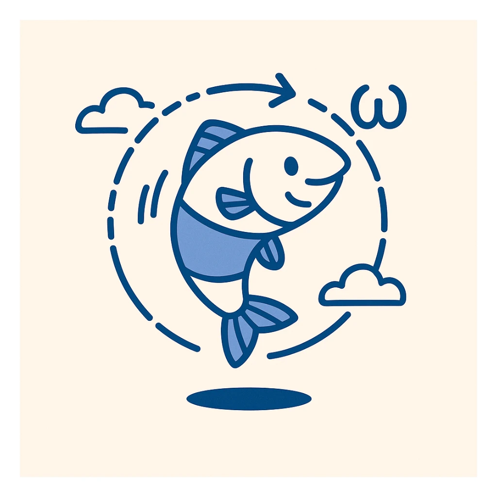 Playful fish spinning around its own axis, dashed circle, motion blur, omega (ω) symbol, visually explaining angular velocity in a fun, easy-to-understand way sticker