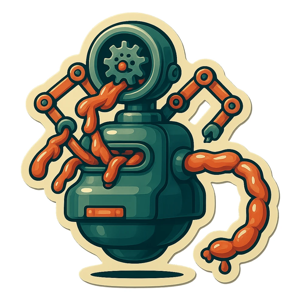 sausage-processing droid. retro-futuristic style. top is a large circular industrial grinder rotating gears and blades. Two robotic arms feed material into grinder. Sausage links extrude from the rear like  factory. The body is metallic, compact, and floats above the ground.no legs. Dark humor sticker