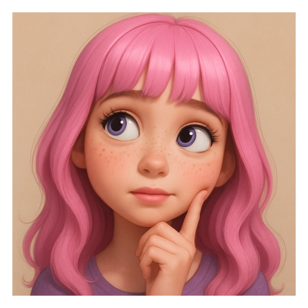 Redraw this character in a 3D Disney style with a thoughtful, dreamy expression, keeping the pink hair, purple eyes, and freckles. Reference the original likeness. The style should reflect a vibrant, detailed 3D Disney animation look with expressive features and soft shading. sticker