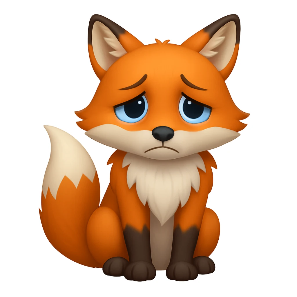 A 2D cartoon fox emoji with a sad expression, looking downcast, with blue eyes. sticker