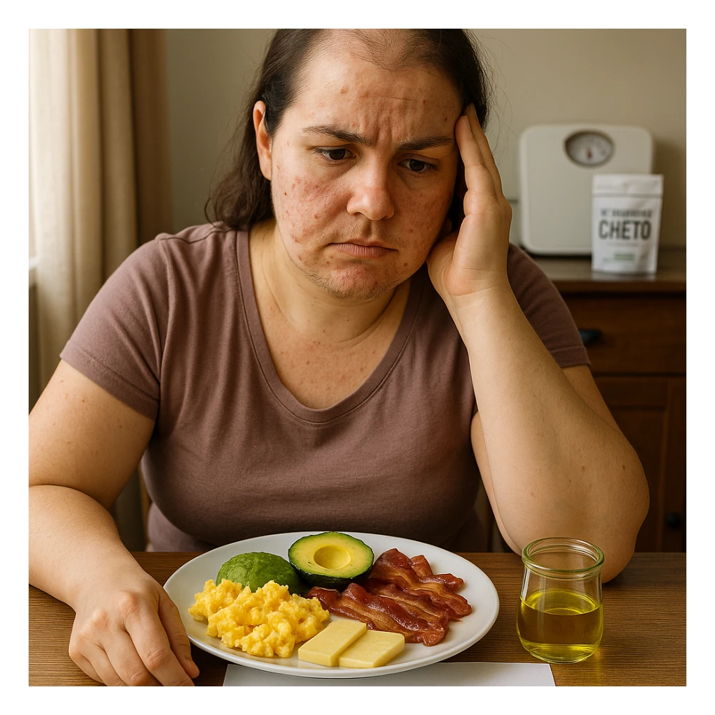 hyperrealistic 4K image of a woman with PCOS sitting at a table, frontal view, face with acne and chin hair, thinning hair, in a realistic domestic environment with natural light. In front of her a plate with typical ketogenic diet foods (scrambled eggs, avocado, bacon, cheese, olive oil) and a sheet with the clearly readable text 'DIETA CHETOGENICA'. She has an unsatisfied expression, one hand holding her head, skeptical look towards the plate. In the background a weighing scale and a package of supplements labeled 'INTEGRATORE CHETO'. sticker