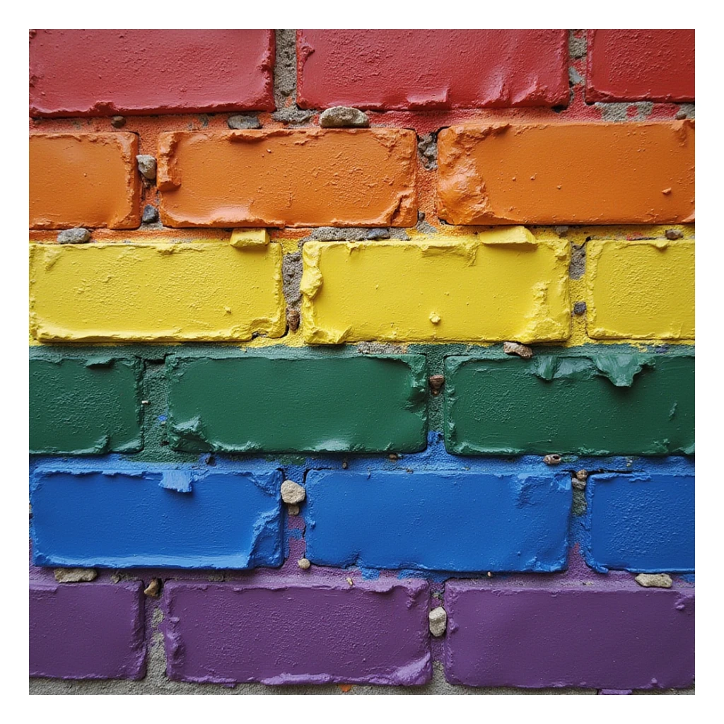 a realistic brick wall with each brick clearly shaped like a brick, each brick a different vibrant color from the LGBTQIA+ pride flag including red, orange, yellow, green, blue, purple, black, brown, pink, light blue, white, visually distinct and vibrant colors sticker