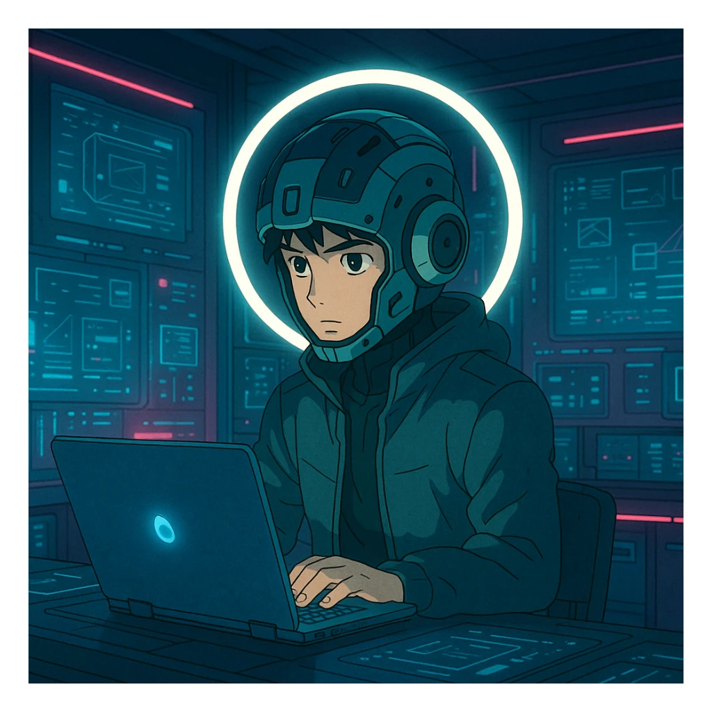 ghibli style futuristic tech boy with robot helmet, glowing white circle, high-tech laptop, neon cyberpunk room, holographic displays, focused, mysterious sticker
