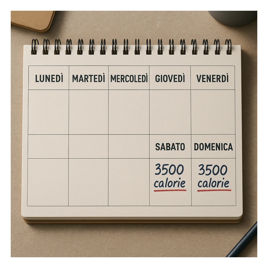 Hyperrealistic top-down view of a weekly calendar in Italian, showing days from Monday to Sunday. Only Saturday and Sunday have the text '3500 calorie' underlined in red below, with no red circle on Friday. 4K details, desk atmosphere. sticker