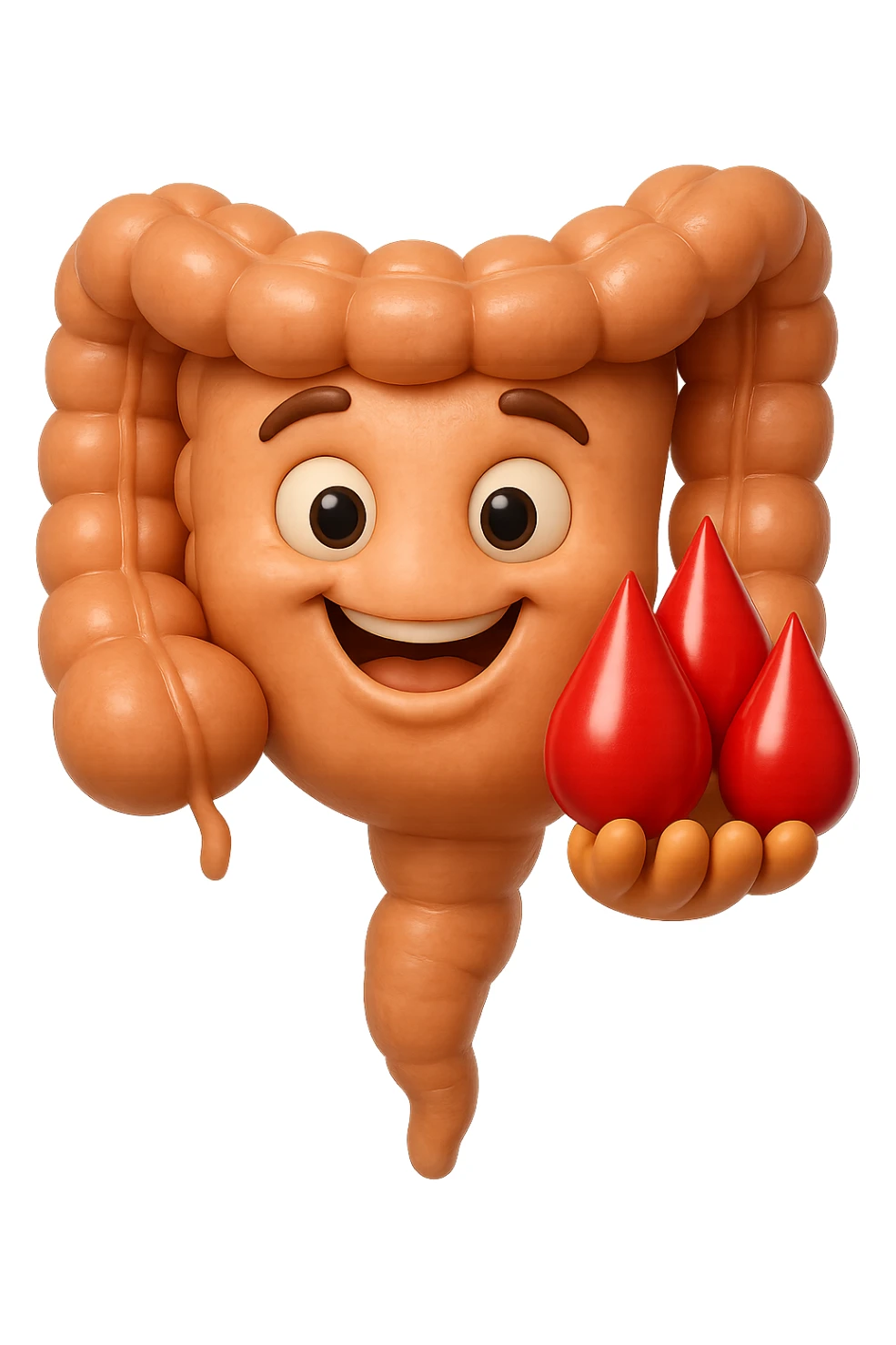 emoji stile iphone 3d di stomaco e intestino collegati verticalmente con 3 gocce di sangue 3d in mano, iperrealistiche 4k sticker