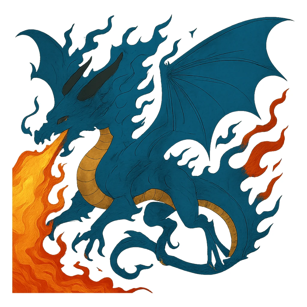 Add a dramatic fiery breath effect to this flying blue dragon, keep the style of the original image, no background. sticker