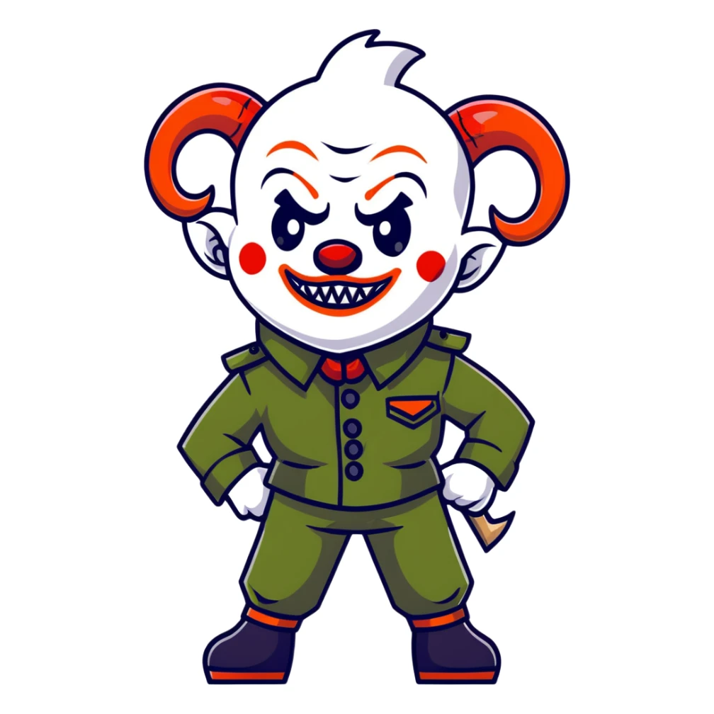 evil clown warrior, bald, short goat-like horns on forehead, fangs, pointed ears, black and military green leisure suit, battle-ready fighting posture sticker