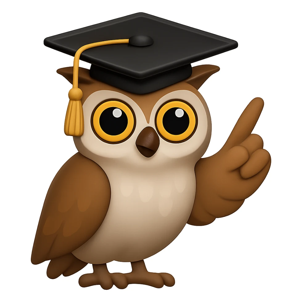 В стилистике эмоджи сгенерируй сову, со шляпой выпускника университета, крылом она мудро показывает вверх, чтобы она своим видом иллюстрировала мудрость и опыт, прозрачный фон sticker