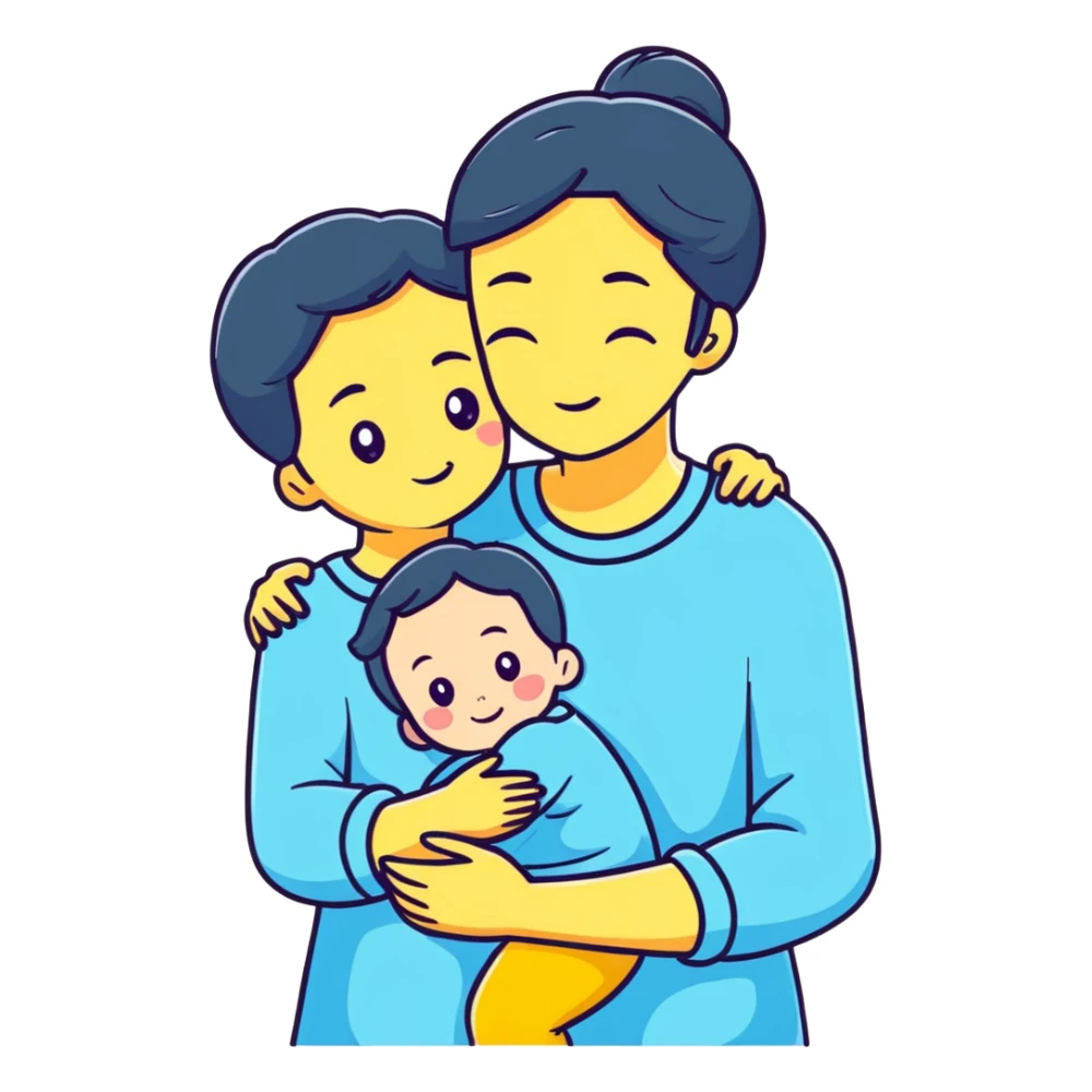 mother hugging daughter with pastel blue background and clothing sticker