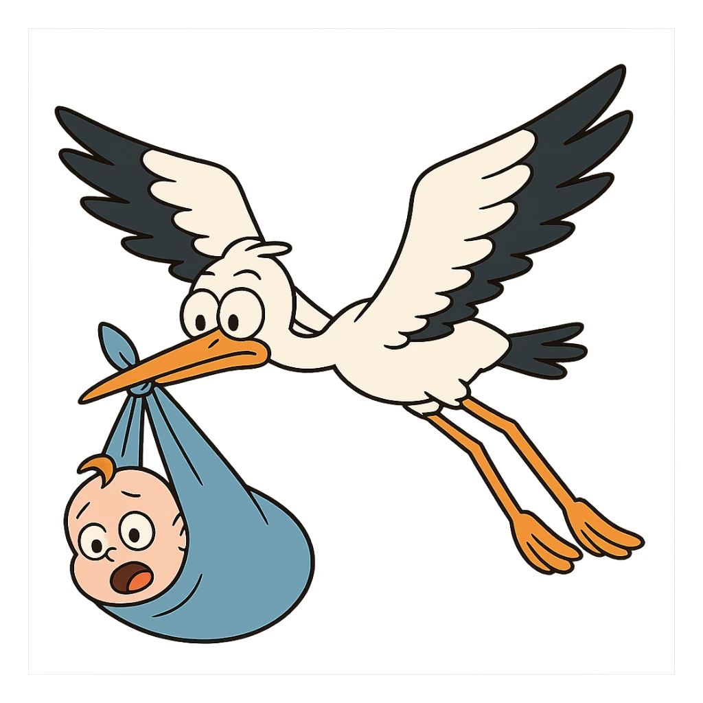 stork flying with a baby in a blue blanket in flat toon style sticker