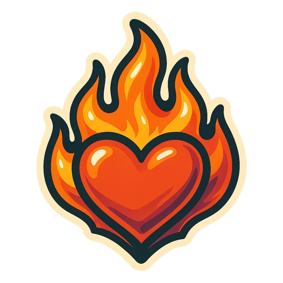 retro sticker style image of a stylized flame with heart-shaped core, bold outlines, juicy colors, expressive highlights and shadows sticker