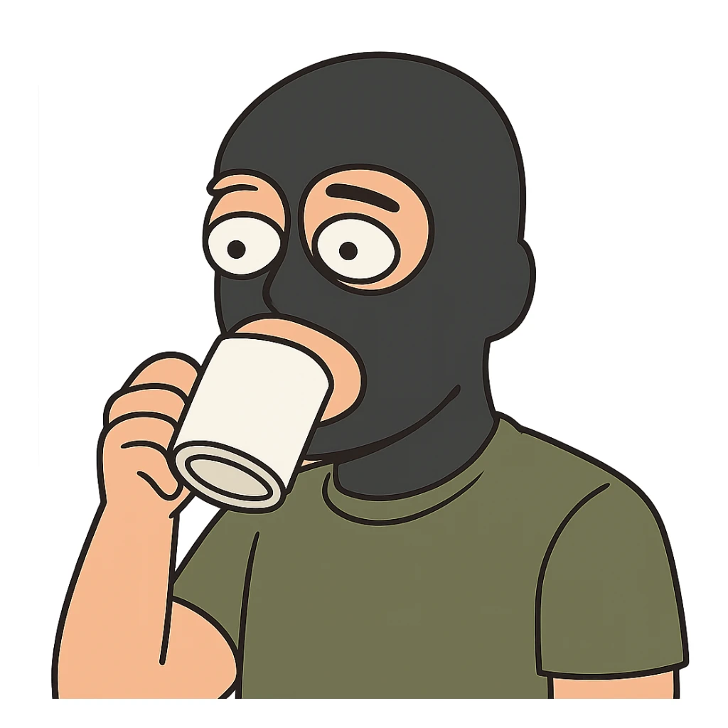 flat toon style man's face with a black full mask drinking coffee sticker