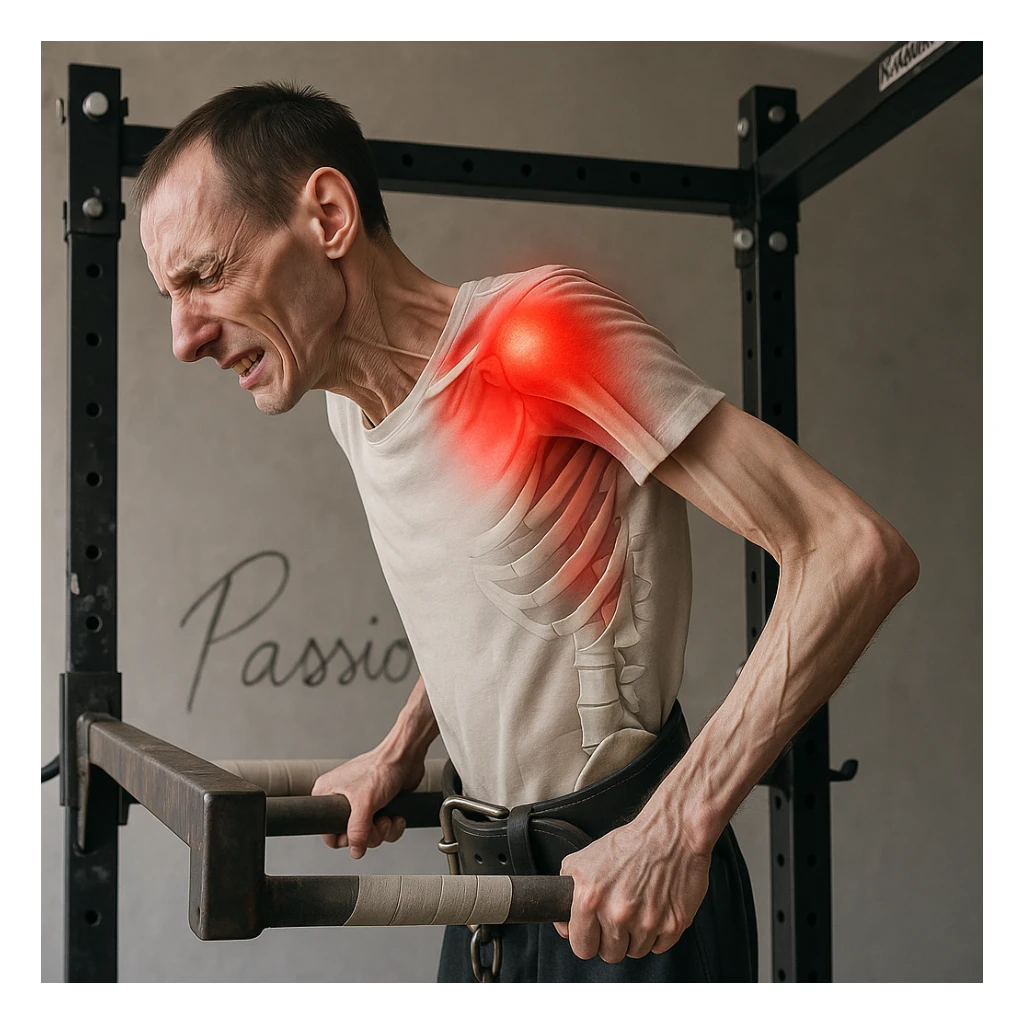 Hyperrealistic 4K image of a very thin man performing a dip on parallel bars, side position as in the reference, showing an expression of acute shoulder pain. Highlighted shoulder muscles and bones, very reddened painful area, gym atmosphere. Variant 5. sticker