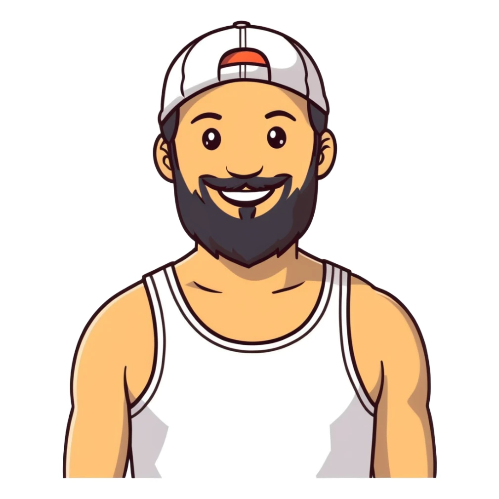 Alex Hormozi, white man with mid-long hair wearing a cap, big beard, smiling, white tank top sticker