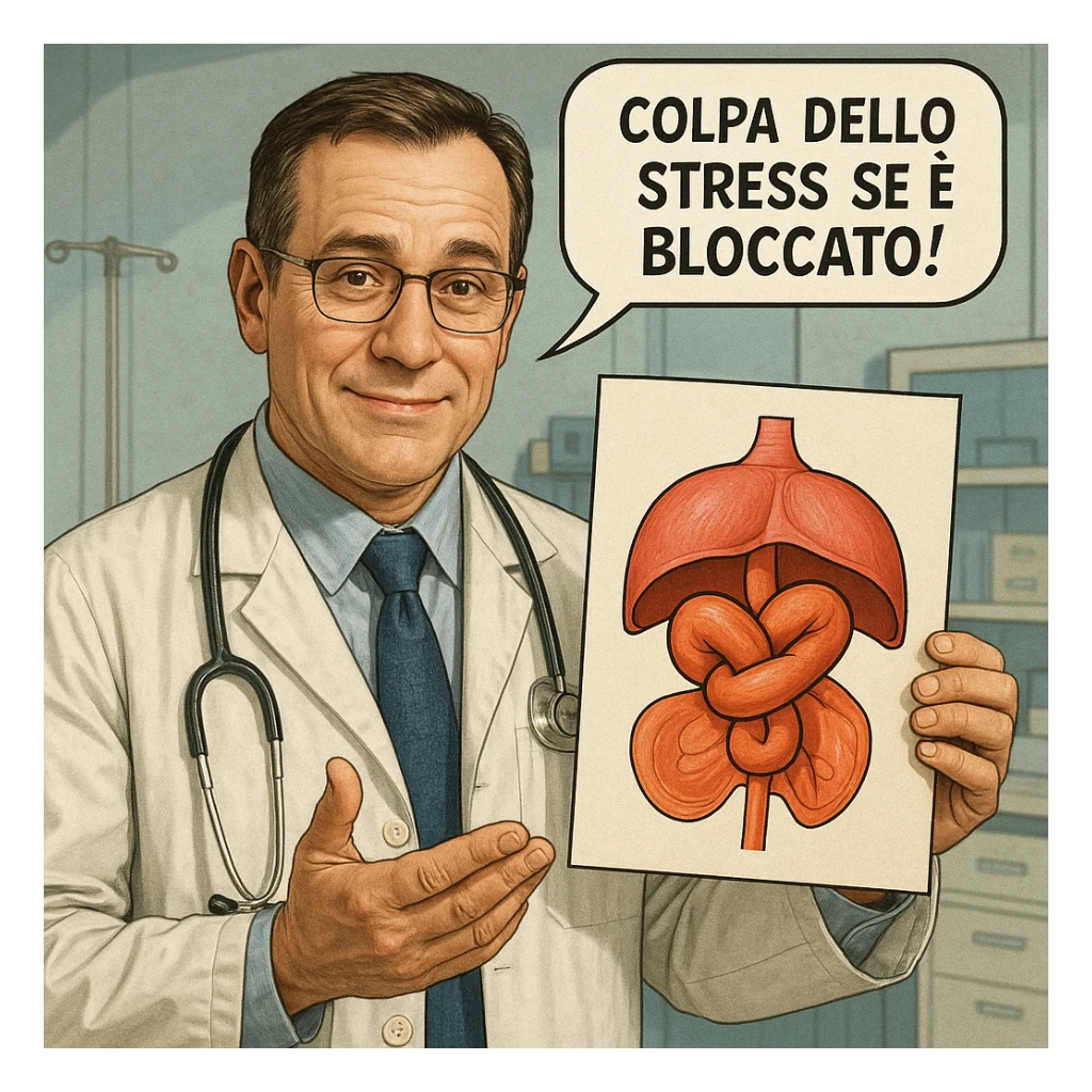 hyper realistic doctor holding a stylized diaphragm with a large knot, reassuring expression, comic with the phrase 'Colpa dello stress se è bloccato!', realistic details, medical environment sticker
