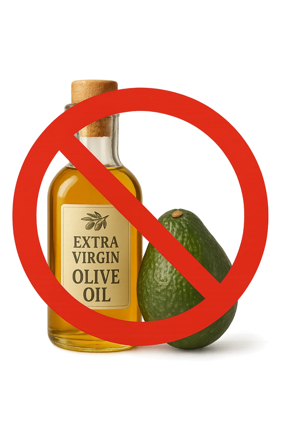 BOTTIGLIA DI OLIO EVO E AVOCADO CON DIVIETO SOPRA,  iperrealistico 4k sticker